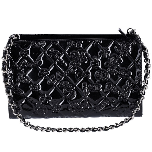 CHANEL Handbags - CHANEL Lucky Symbols Pochette Embossed Quilted Patent Black